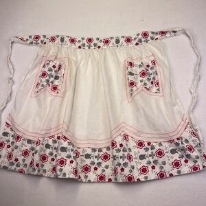 Vintage Half Apron White Red Gray Floral Pocket Kitchen Hostess Apron